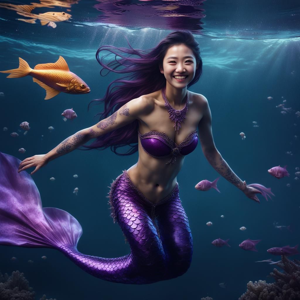 Smiling Mermaid with Purple Tail in Ocean