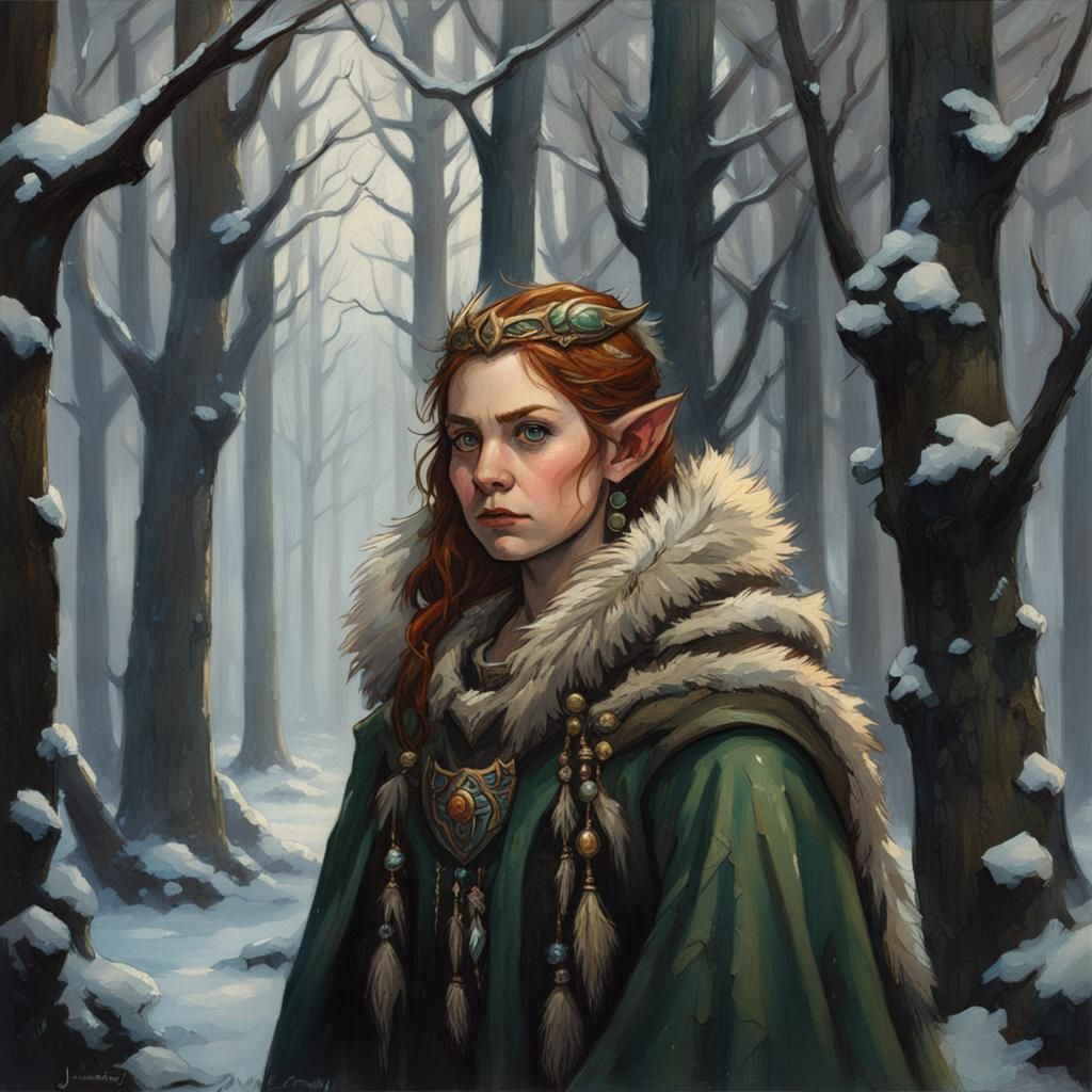 Norse Druid Character in Winter Forest as Oil Painting