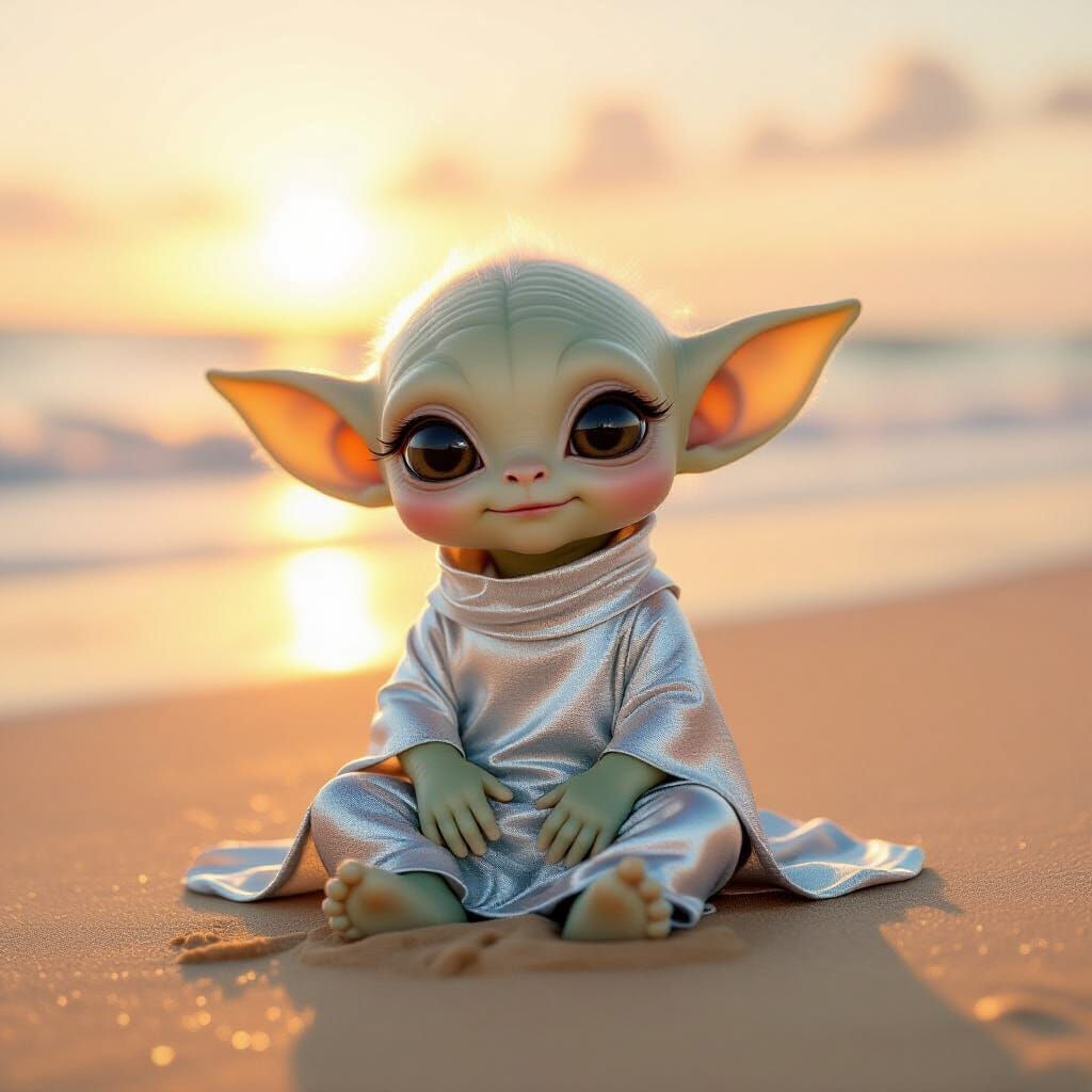 Adorable Baby Alien on Serene Beach at Sunset