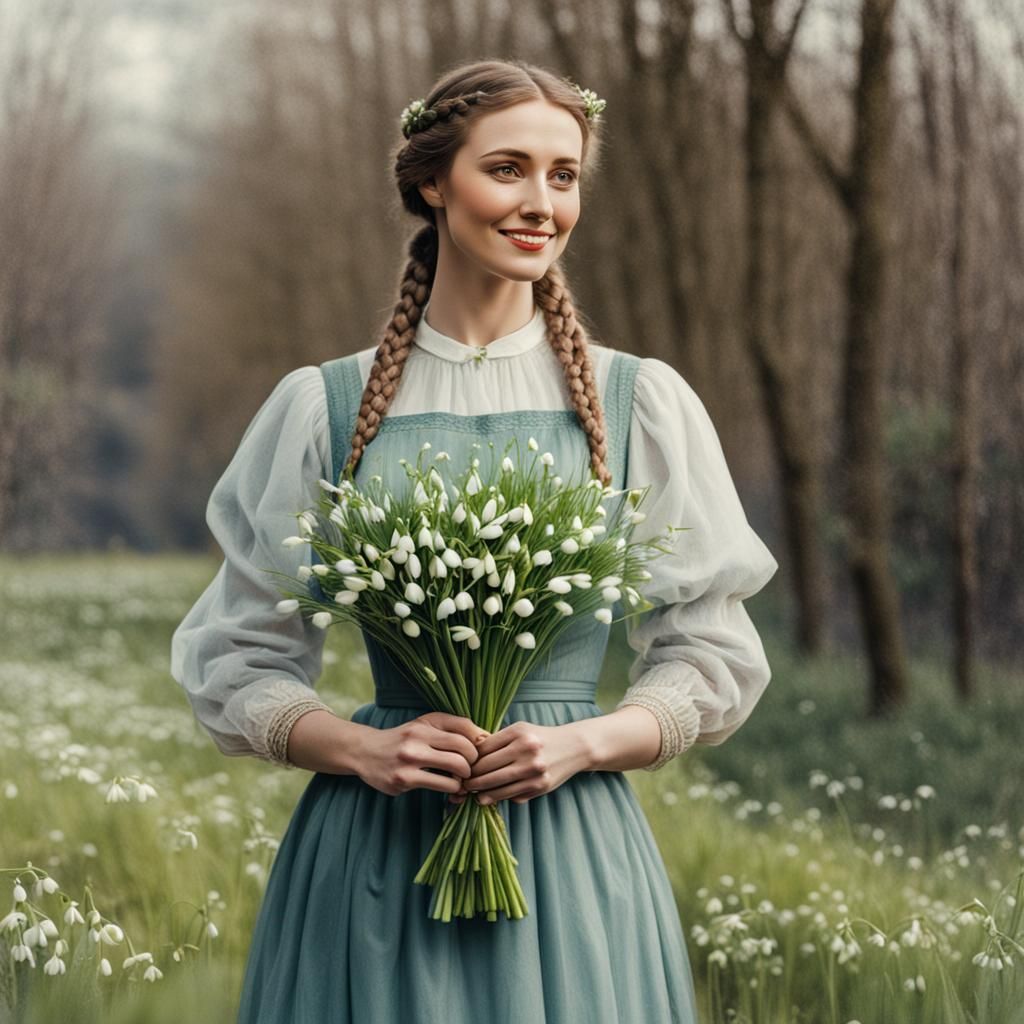 Young Woman with Snowdrops Bouquet in Spring