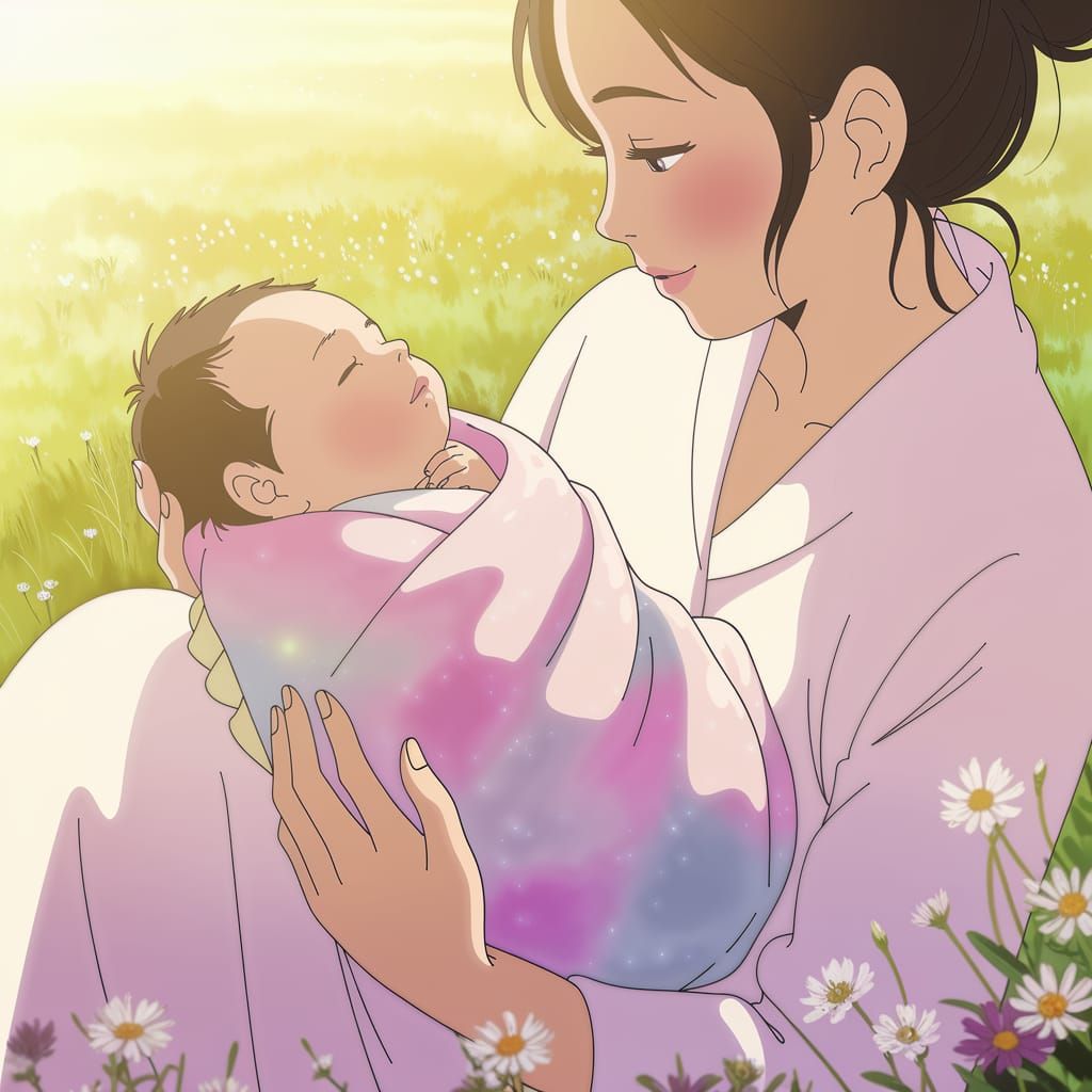 Joyful Anime Mother Holds Newborn Under Golden Sunrise