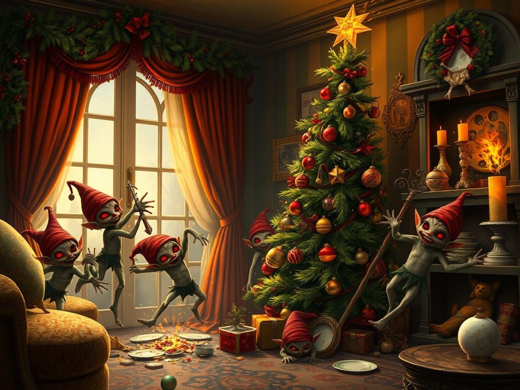 Surreal Christmas Chaos in a Torched Parlor