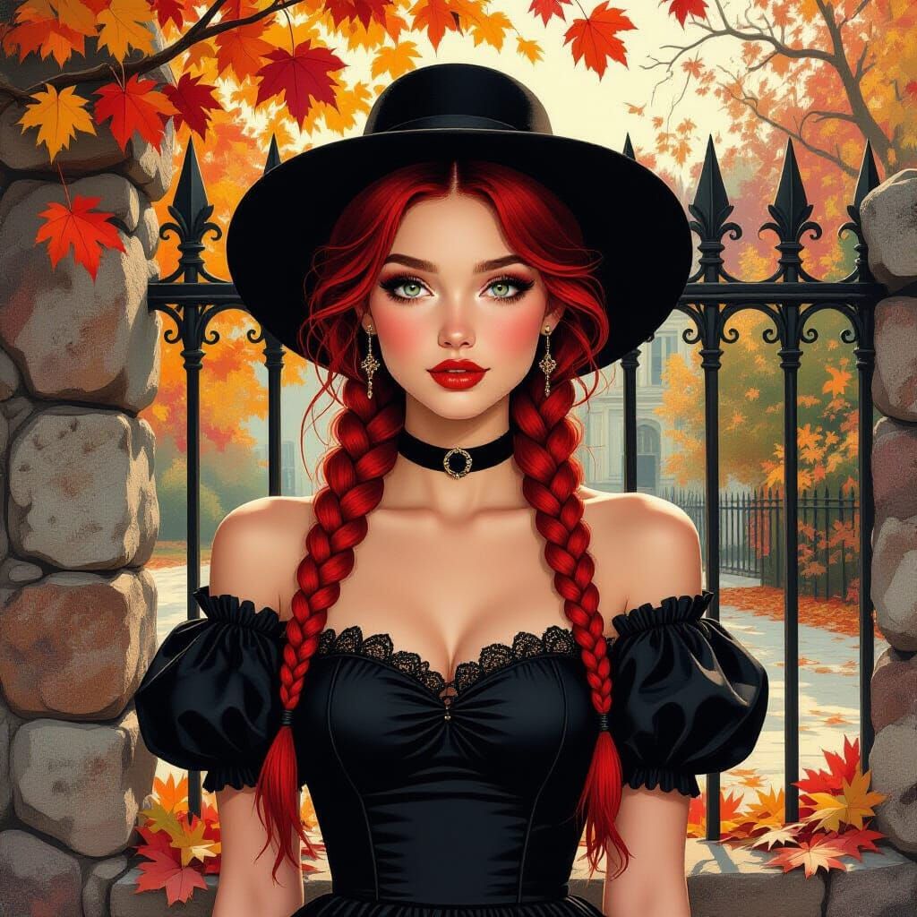 Gothic Woman with Red Braids in Autumn Setting