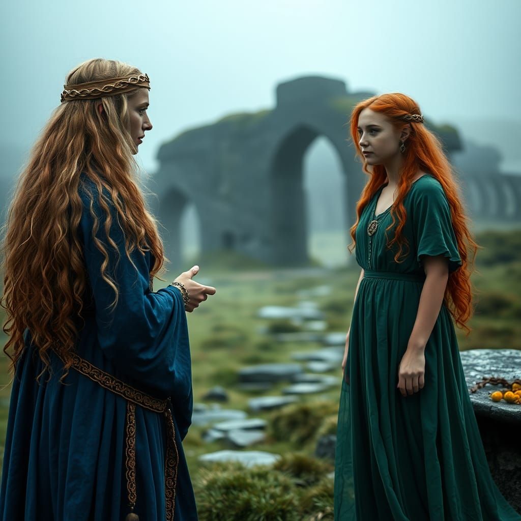 Celtic Queen Maeve Discusses Lore with Druid