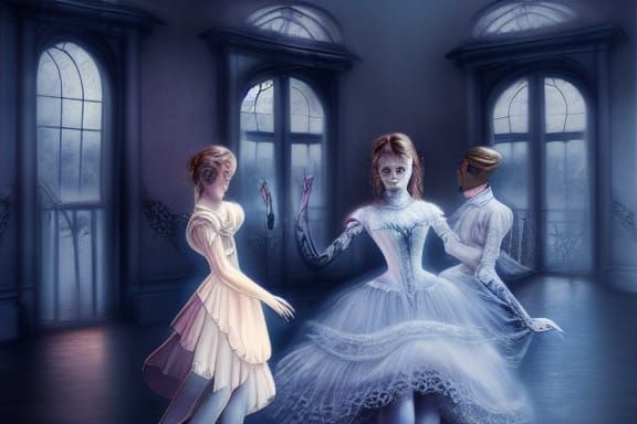 Haunted Ballroom with Victorian Ghosts, Digital Illustration