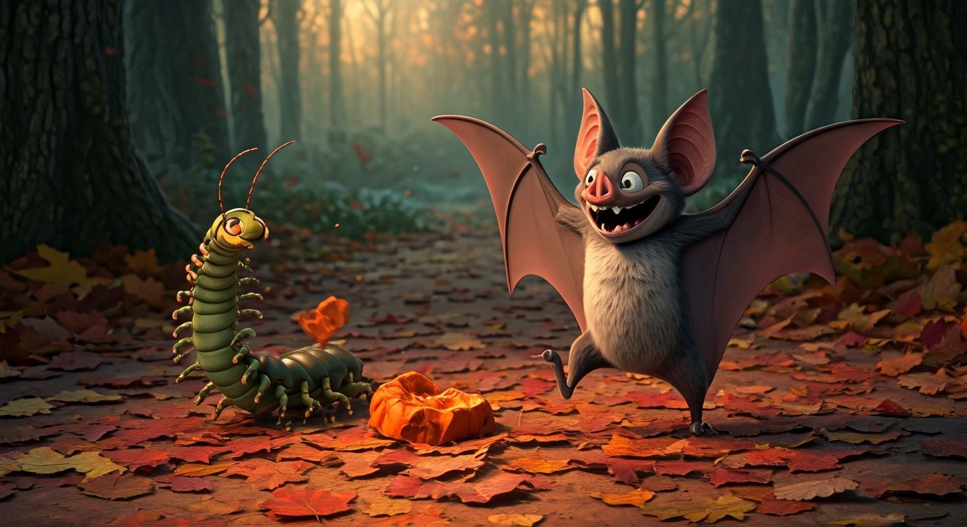 Tim Burton Style Centipede and Bat Battle Autumn Leaves