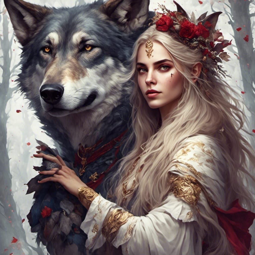 Sorceress and Wolf in Dark Fantasy Style