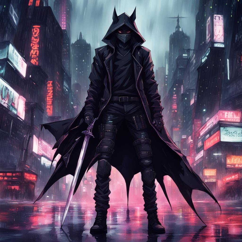 Anime Assassin in Neon City with Demon Mask