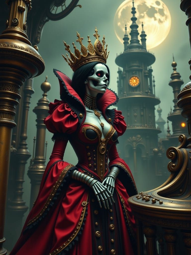 Gothic Skeletal Queen in Steampunk City