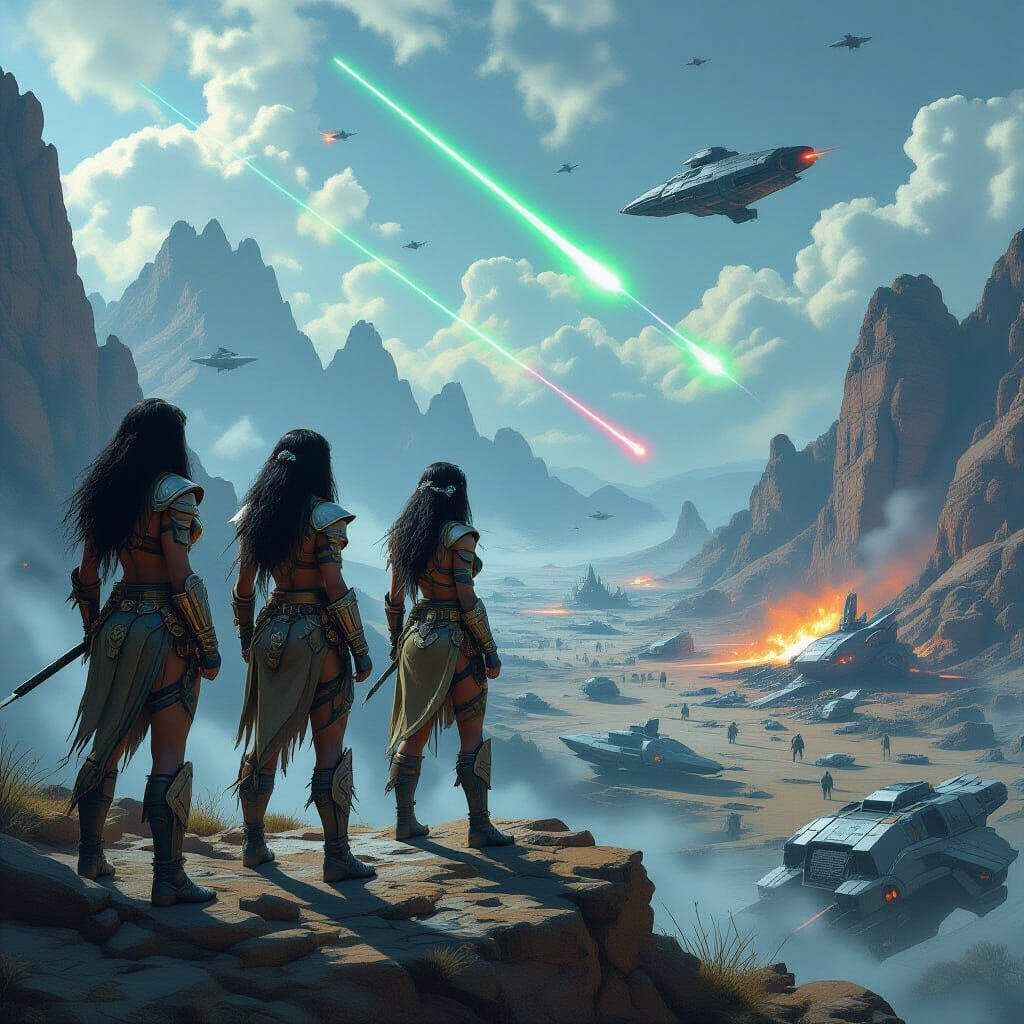 Cavewomen Warriors on Alien Battlefield in Fantasy Art Style