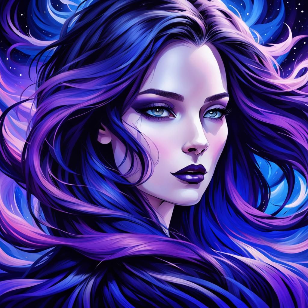 Brooding Woman with Flowing Dark Flame Hair