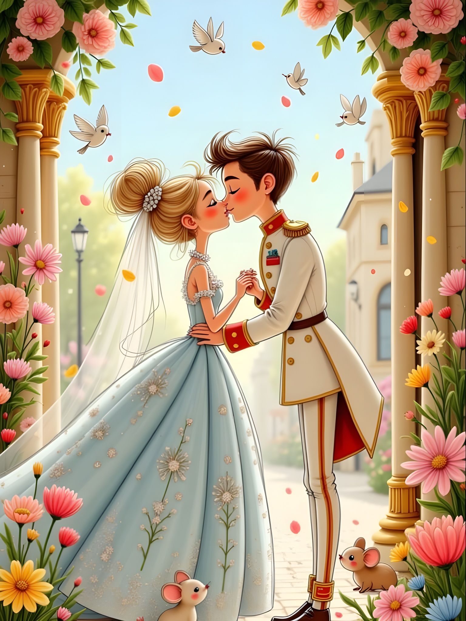 Cinderella and Prince's Royal Wedding Kiss Fairytale Illustr...