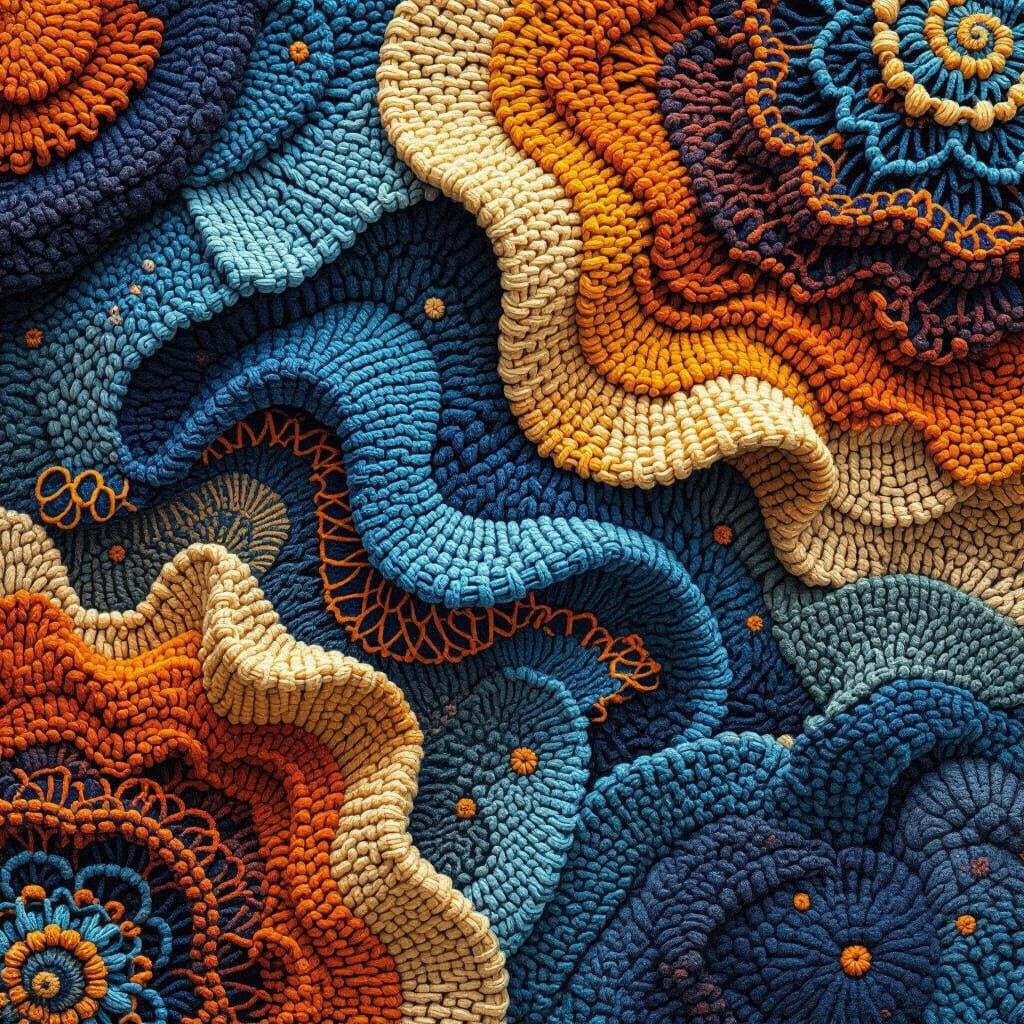 Vibrant Textile Art: Intricate Weaving with Blues & Oranges
