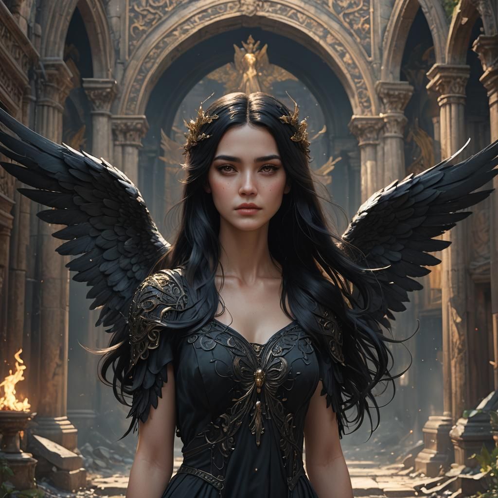 Dark Angel with Black Wings, Detailed Digital Painting