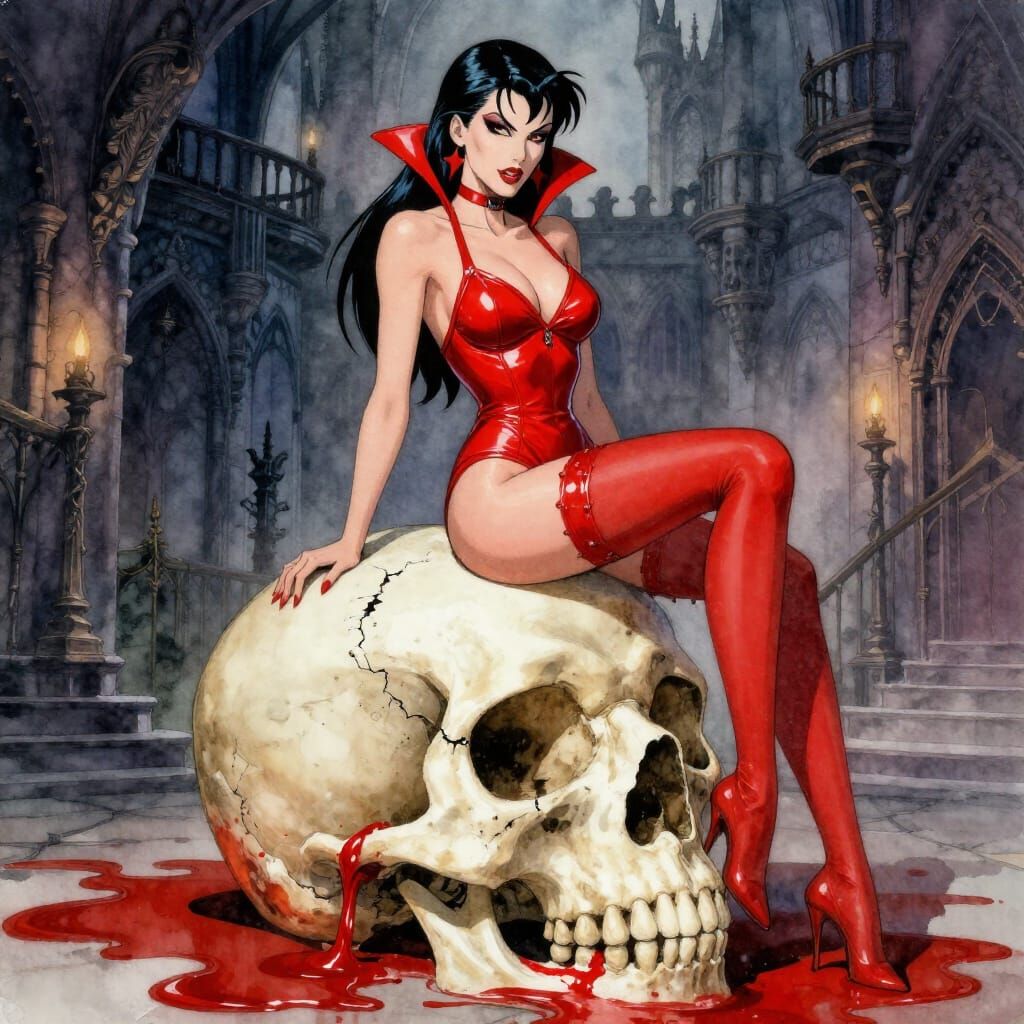 Vampirella on Marble Skull in Gothic Castle Watercolor