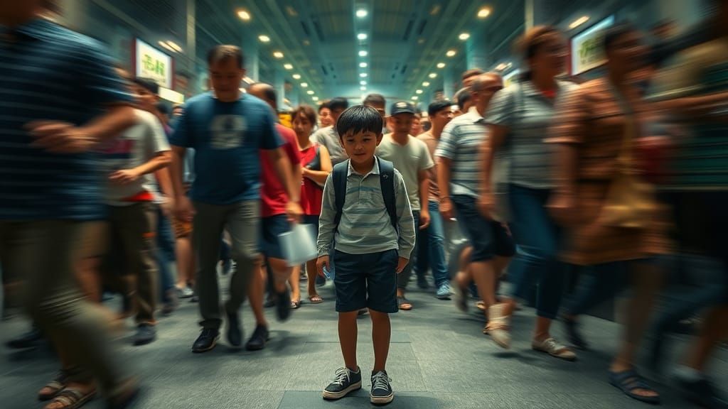 Boy in Swirling Crowd: Long Exposure Photography
