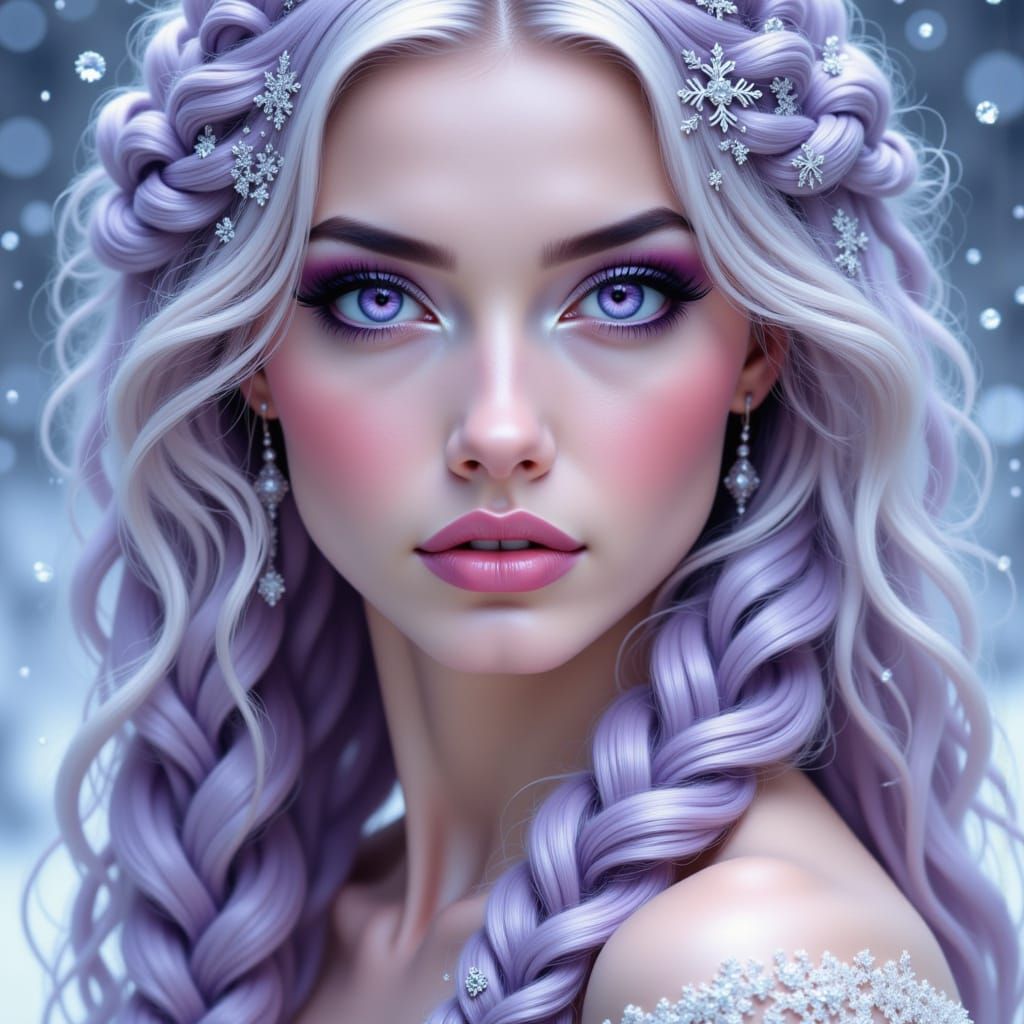 Close-Up Portrait of a Woman with Purple Eyes and Blonde-Pur...