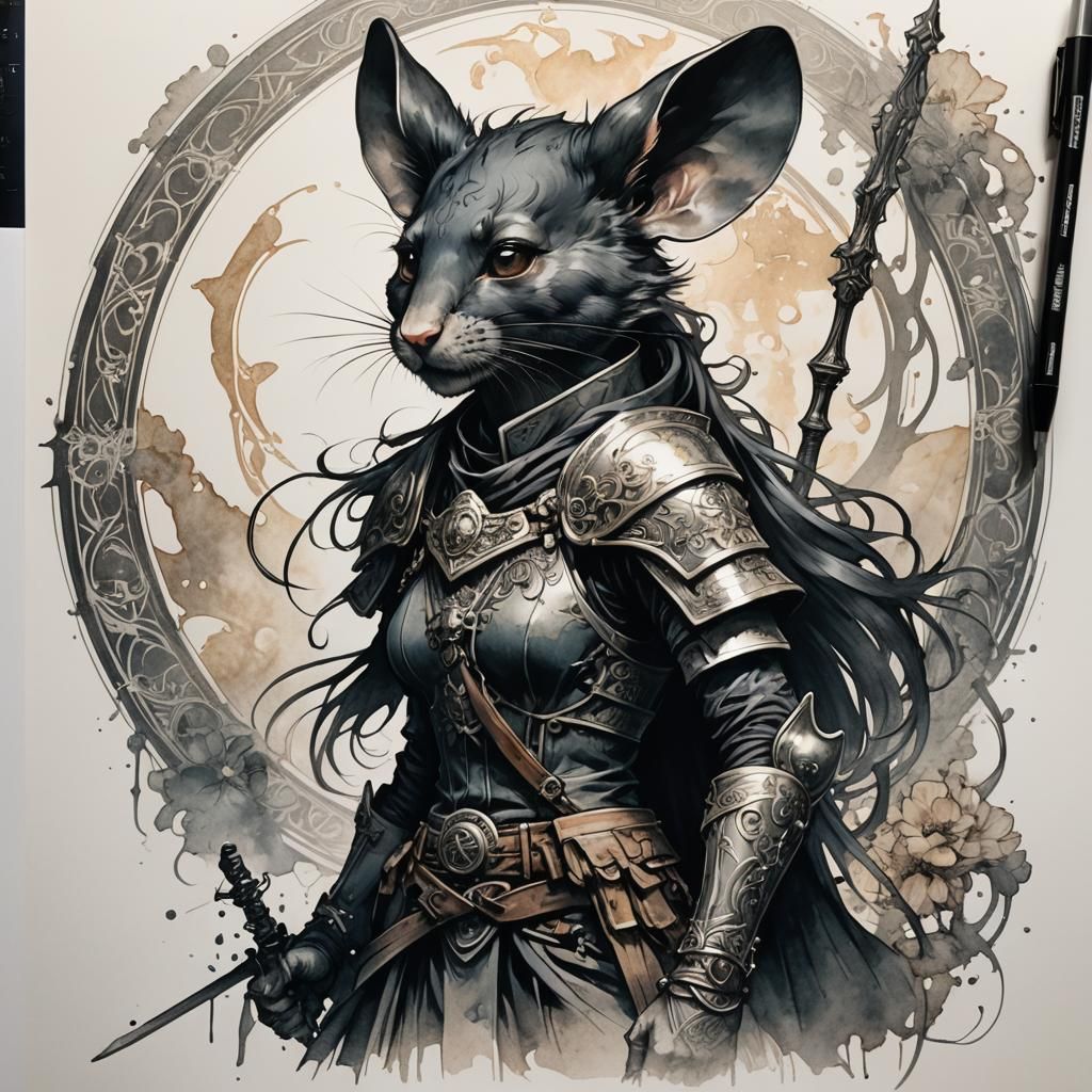 Mouse Warrior in Anime Style with Watercolor Accents