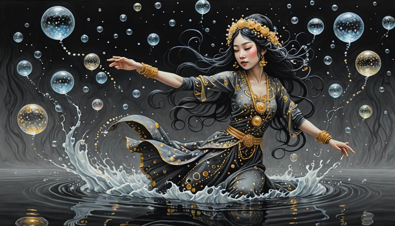 Moonlit Water Elf Shaman Dance, Grayscale Charcoal Art