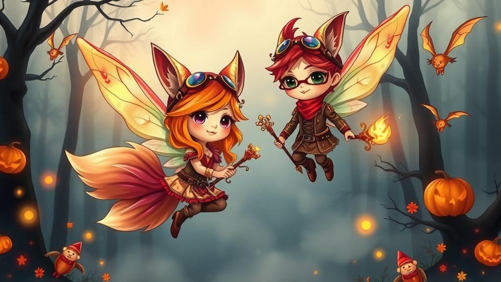 Chibi Fairy Wizard Couple in Halloween Forest