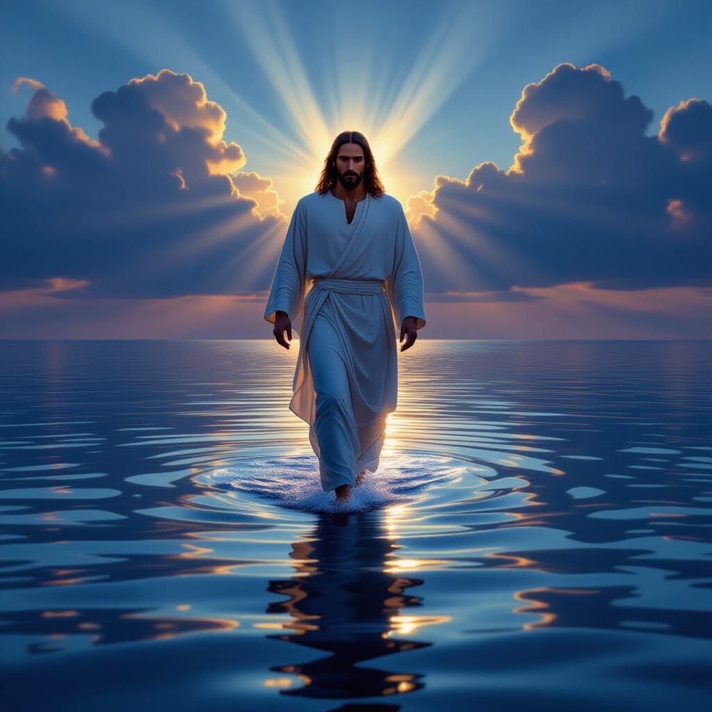 Jesus Christ Walks on Calm Sea at Dusk