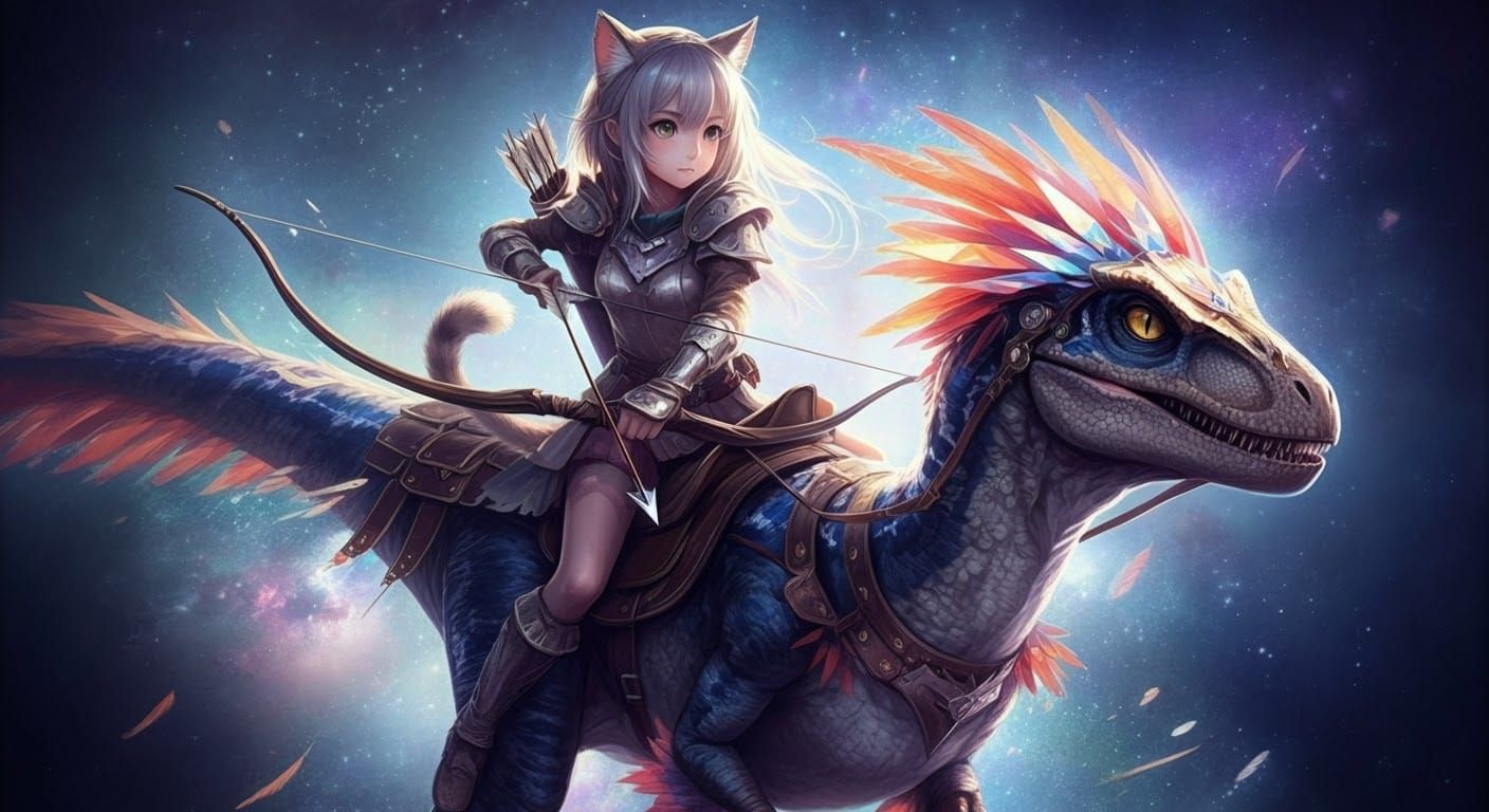 Anime Catgirl Archer on Armored Velociraptor