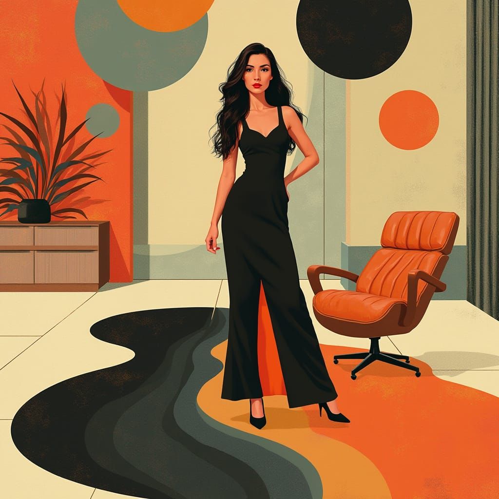 Woman Posing in Mid-Century Modern Geometric Room