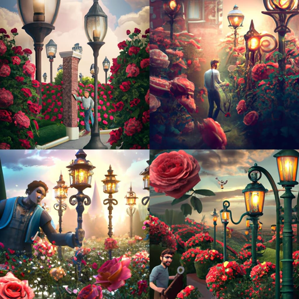 Man Gathering Roses in Ethereal Garden