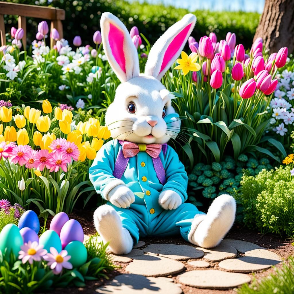 Easter Bunny Lounging in Secret Flower Garden