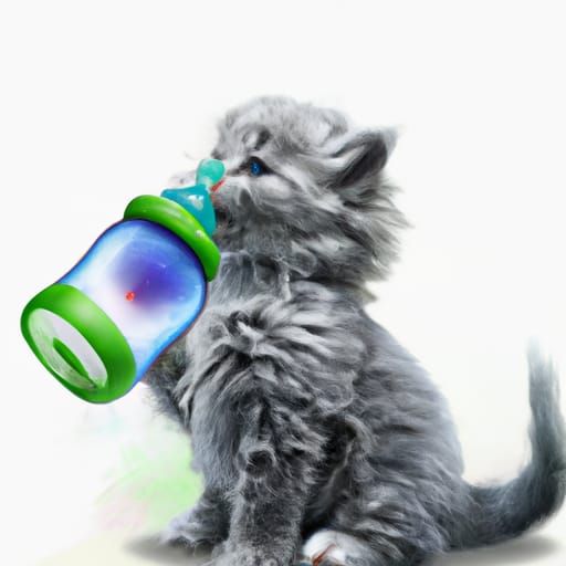 A blue grey Turkish angora kitten with a fluffy tail striped with silver drinking from a baby bottle