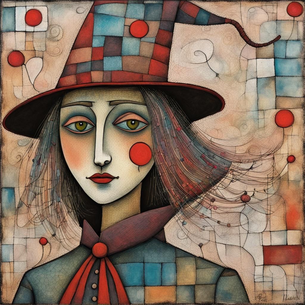 Fanciful Red Witch with Hat in Art Brut Style