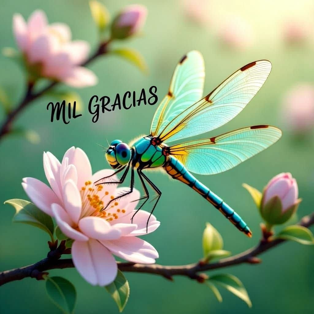 Turquoise and Gold Dragonfly Perched on Blossoming Branch