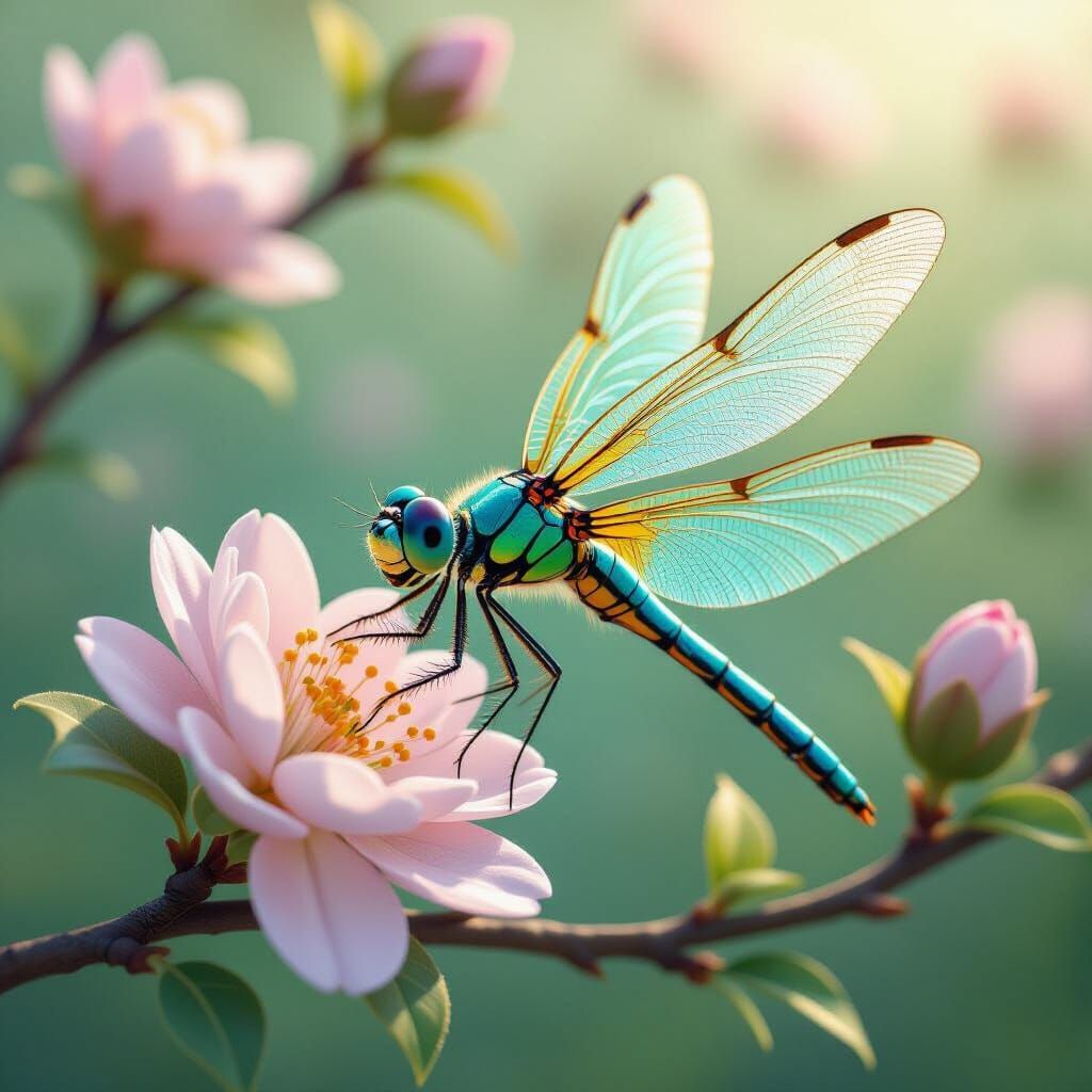 Turquoise and Gold Dragonfly Perched on Blossoming Branch