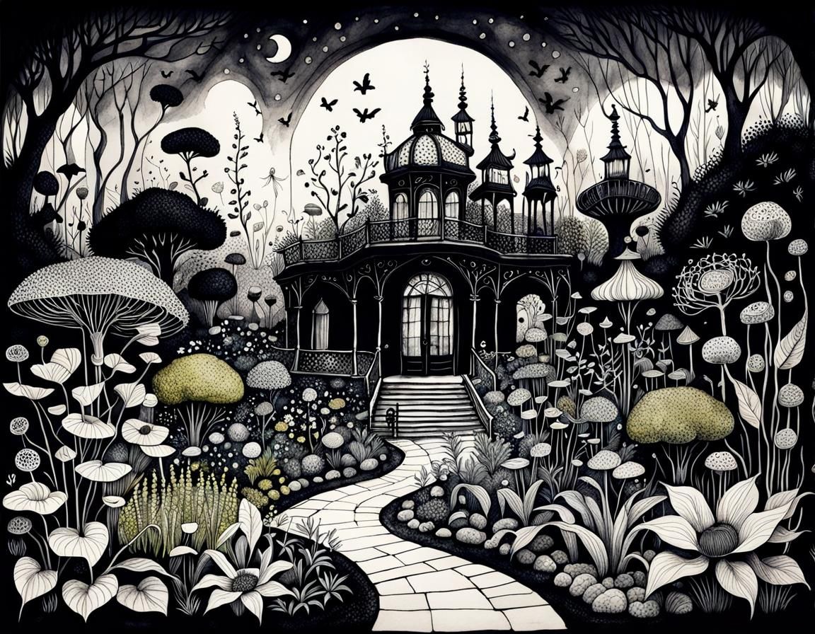 An intricately and meticulously detailed Ink Drawing of a Botanical Garden by Tim Burton
