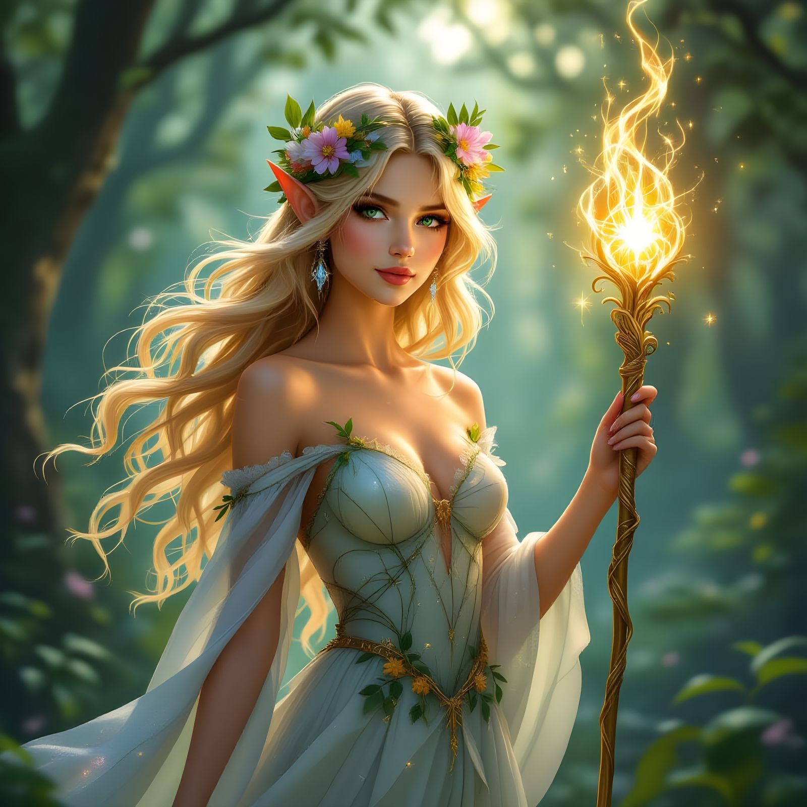 Mystical Elf Maiden in Enchanted Forest with Glowing Staff