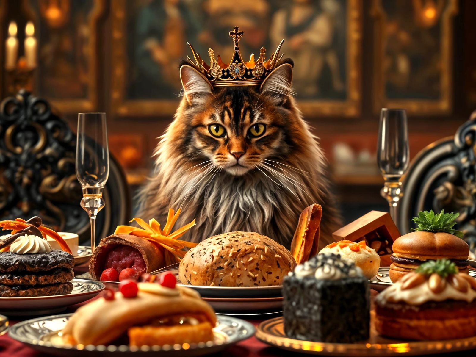 Crowned Maine Coon Overlooking a Gourmet Feast