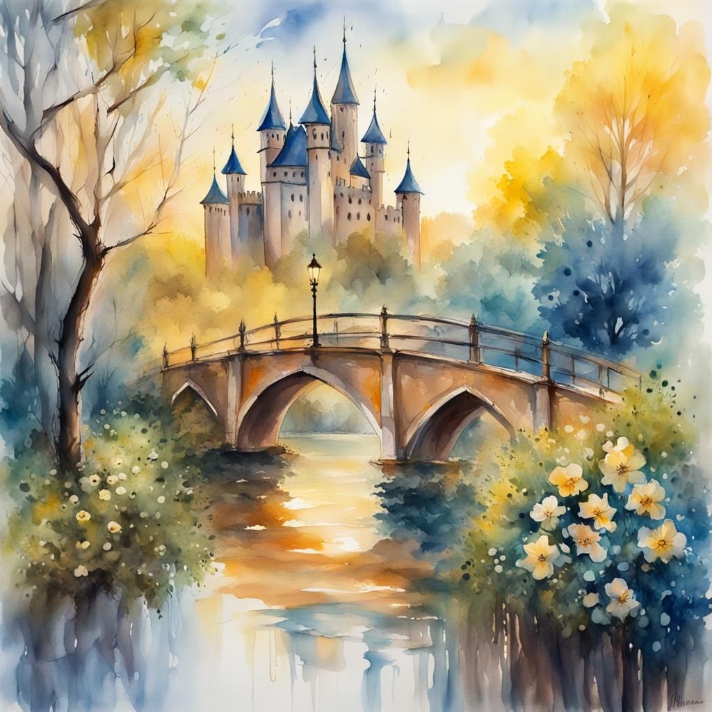 Gothic Castle and Vintage Bridge in Watercolor