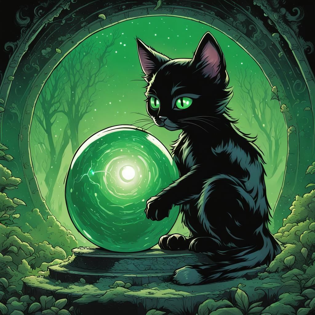 Magical Cat Guardian in Graveyard, Comic Book Art