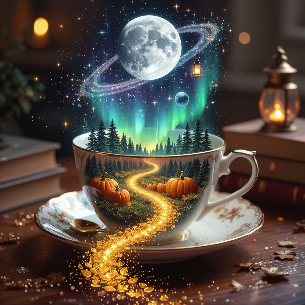 Fantasy Art: Golden Leaf Path from Teacup Under Aurora