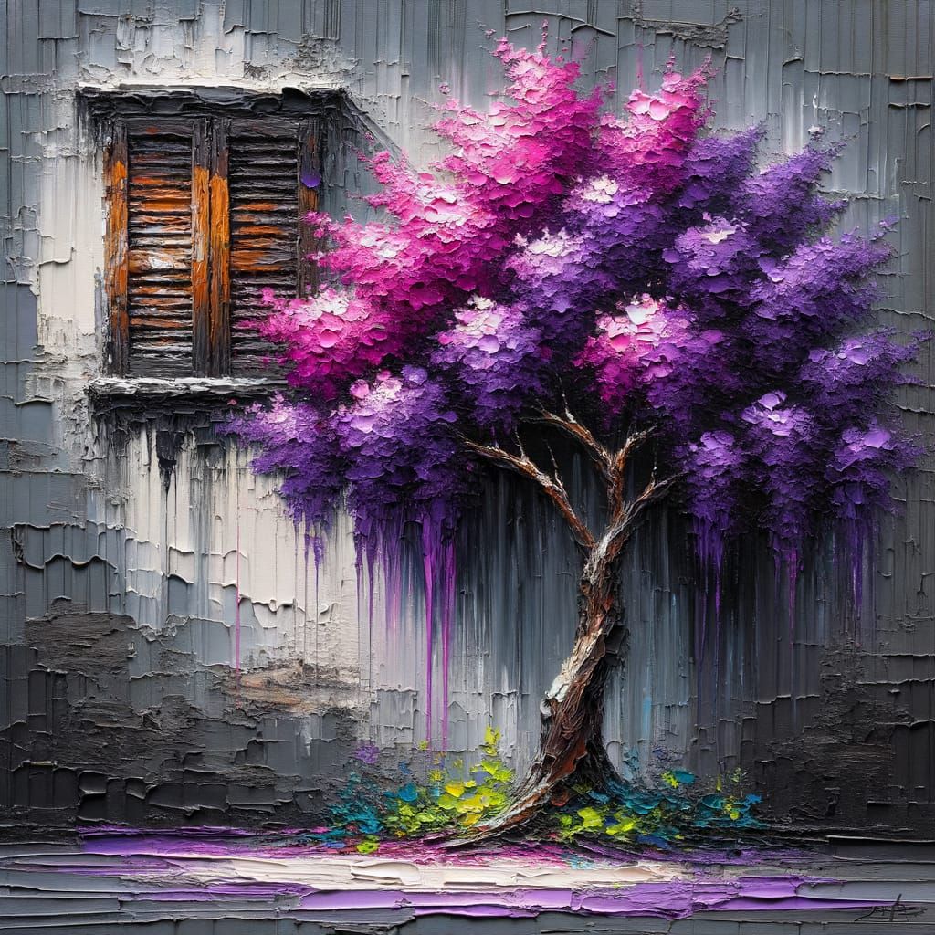 Vibrant purple tree standing against a weathered gray-dark w...