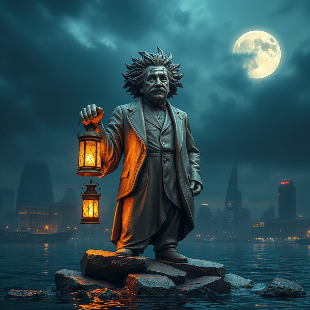 Einstein in Mystical Cityscape