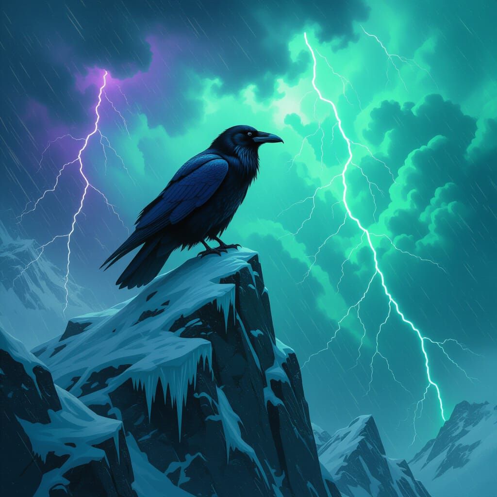 Raven on Ice Mountain in Stormy Sky