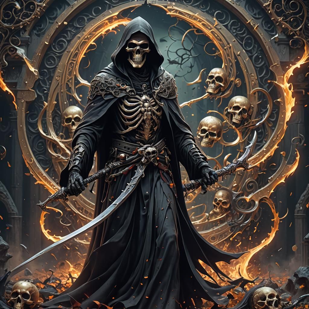 Grim Reaper with Swirling Skulls: Detailed Matte Painting