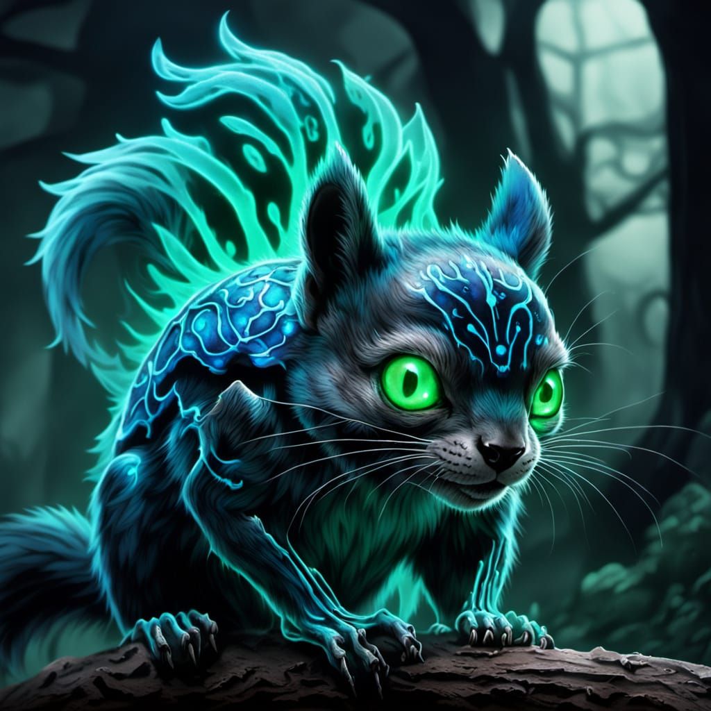 Ominous Cyberpunk Squirrel Skeleton Rides Cat