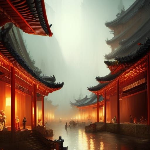 Night in Ancient Chinese City: Dark Fantasy Art
