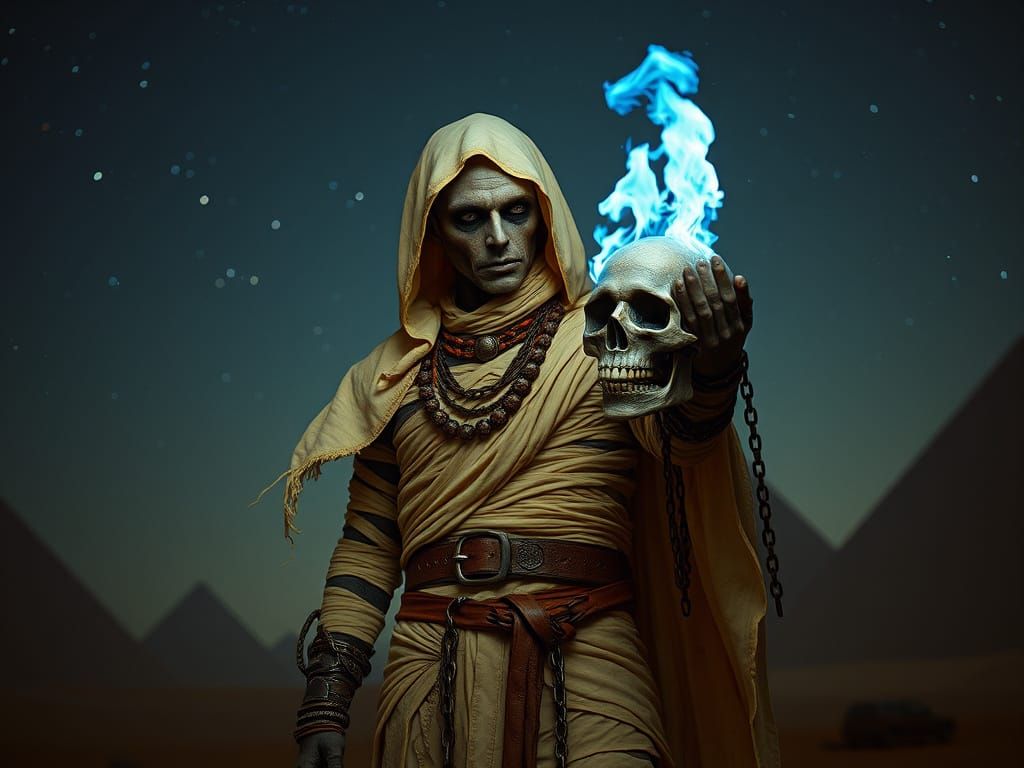 Necromancer in Tattered Mummy Wrappings Holds Blue Flaming S...