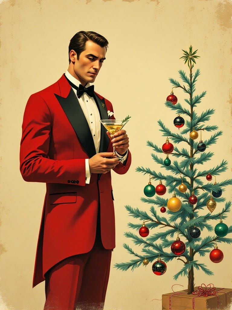 Man in Red Suit with Martini and Vintage Christmas Tree