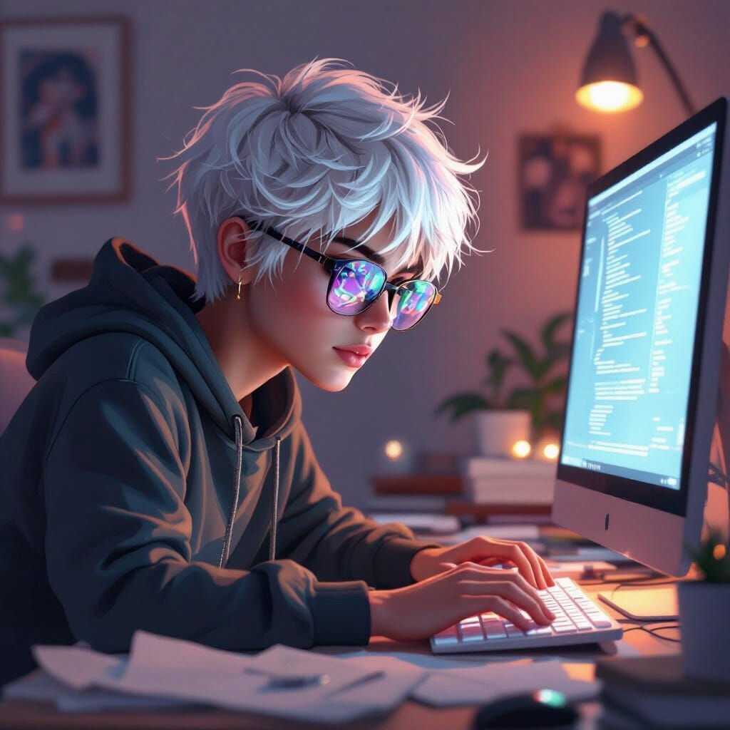 Teenager Working at Desk in Futuristic Digital Art Style