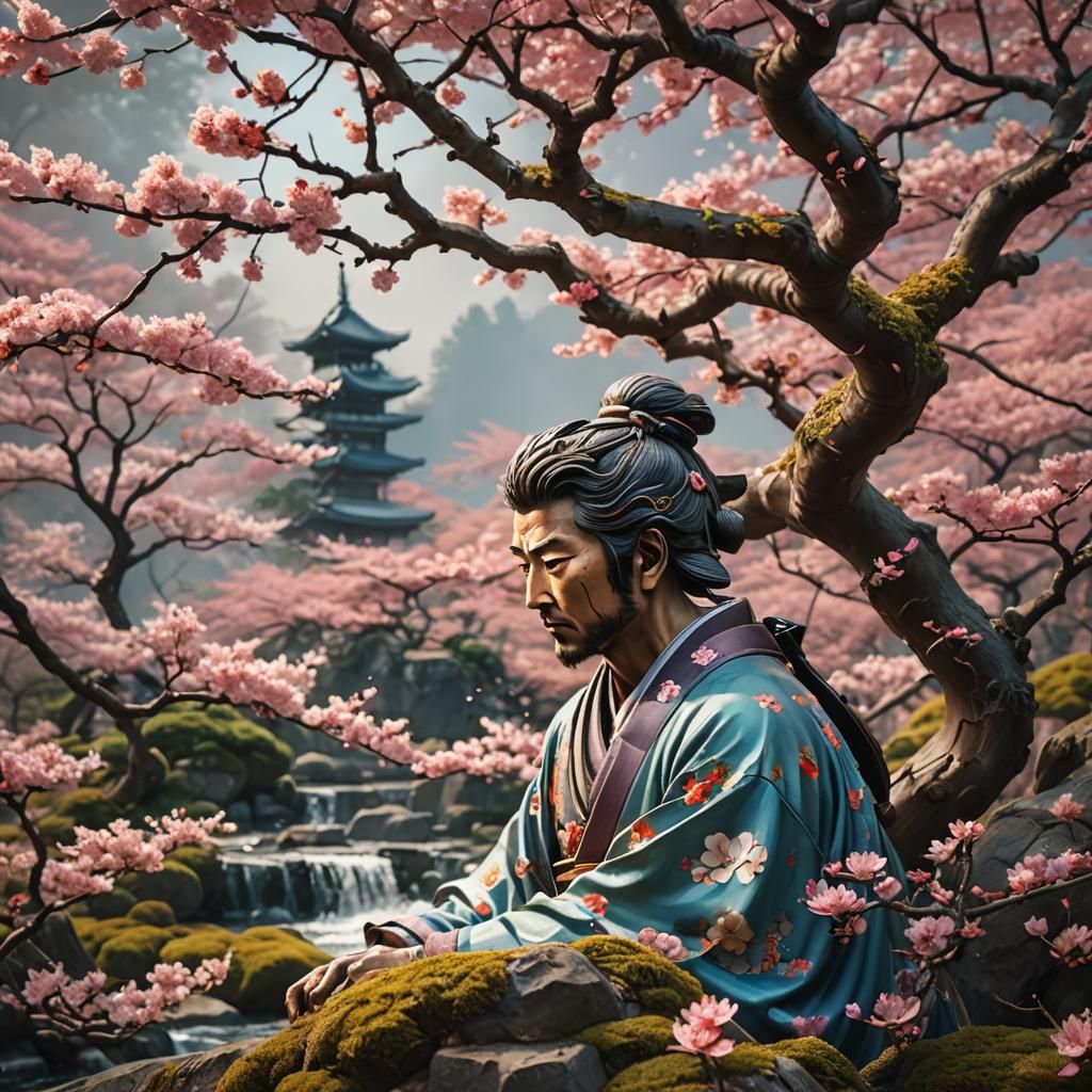 Japanese Woman and Bonsai in Detailed Splash Art