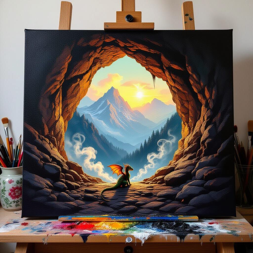 Tiny Dragon Emerges from Mountain Cave Painting